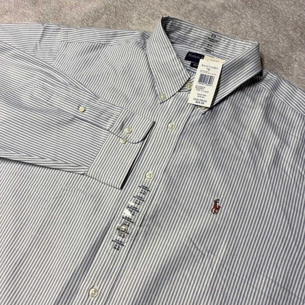 NWT Vintage 90s Polo Ralph Lauren OCBD Shirt Blue Striped Flesh Pony Men 17.5